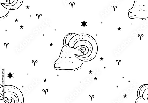 Seamless pattern with Zodiac sign aries. Aries horoscope symbol in twelve zodiac constellation. Line zodiac icon. Astrology and mythology