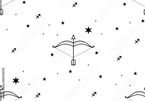 Seamless pattern with Zodiac sign Sagittarius. Sagittarius horoscope symbol in twelve zodiac constellation. Line zodiac icon. Astrology and mythology
