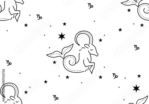 Seamless pattern with Zodiac sign Capricornus. Capricornus horoscope symbol in twelve zodiac constellation. Line zodiac icon. Astrology and mythology