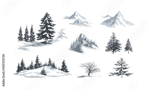 Frozen Cedar Tree Silhouettes, alpine clipart pack, icy tree silhouette, snowy terrain, engraved evergreen woods, mountain art style, winter forest landscape, vector illustration, christmas tree