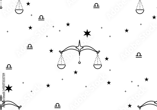 Seamless pattern with Zodiac sign Libra. Libra horoscope symbol in twelve zodiac constellation. Line zodiac icon. Astrology and mythology