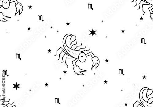 Seamless pattern with Zodiac sign Scorpio. Scorpio horoscope symbol in twelve zodiac constellation. Line zodiac icon. Astrology and mythology