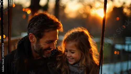 Happy father daughter sunset swing.