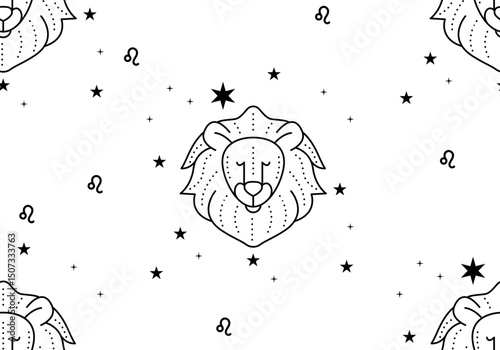 Seamless pattern with Zodiac sign Leo. Leo horoscope symbol in twelve zodiac constellation. Line zodiac icon. Astrology and mythology