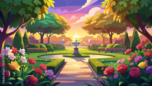 A cinematic still frame captures an empty, beautiful park bathed in golden sunlight, where vibrant colorful flowers bloom across lush greenery on a serene spring afternoon, evoking peace and beauty.