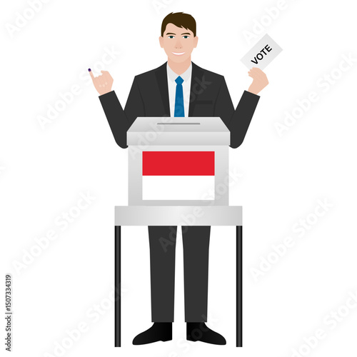 Man Show his Little Finger with Purple Ink and Voting Paper. Election in Indonesia. Election Concept. Vector Illustration.