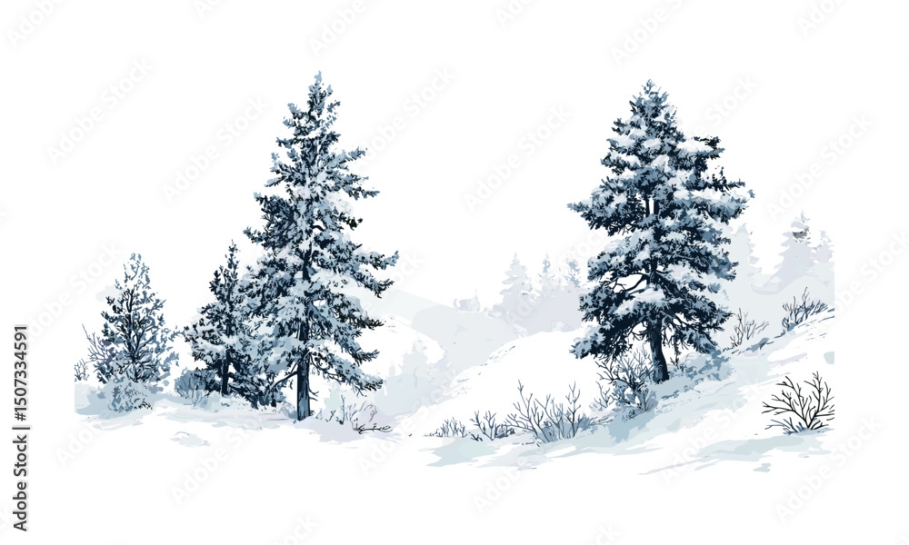Fototapeta premium Winter Forest Silhouettes, frozen cedar trees, icy alpine clipart, snowy terrain scene, engraved evergreen woods, mountain art style, cold nature design, vector illustration, christmas tree