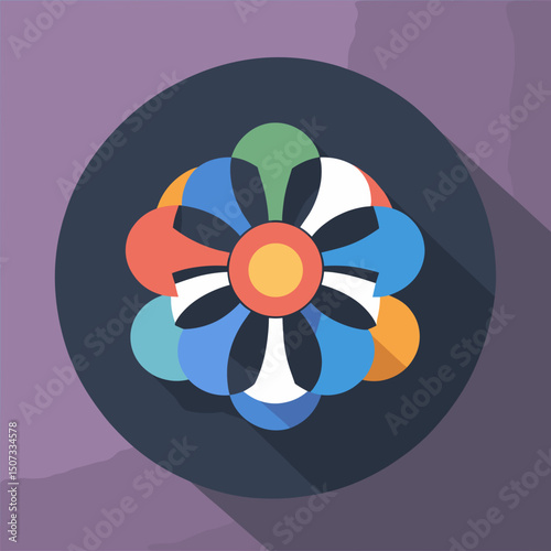 Vibrant round design featuring a floral pattern with colorful petals and a central circle
