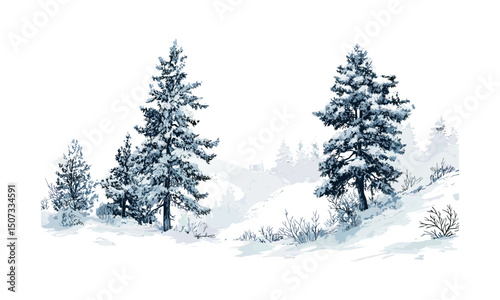 Winter Forest Silhouettes, frozen cedar trees, icy alpine clipart, snowy terrain scene, engraved evergreen woods, mountain art style, cold nature design, vector illustration, christmas tree