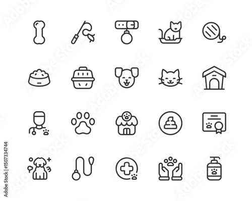 20 outline pet care icons in rows