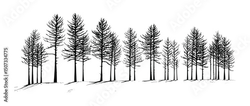 Frozen Field Larch Tree Silhouettes for Snow Plains Art, winter wilderness silhouette, icy tree clipart, engraved cold weather vector illustration, frost landscape, nature scene, cold season.