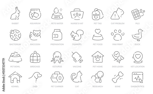 A collection of line art icons depicting various pets animals and veterinary related items