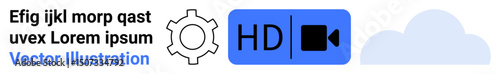 Gear icon, HD video label, cloud, placeholder text emphasizing technology, media, and connectivity. Ideal for digital tools, cloud storage, streaming media platforms technology solutions video