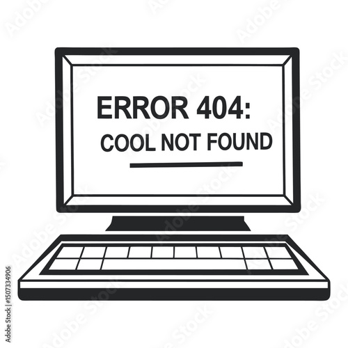 Outline Computer Displaying "Error 404: Cool Not Found" in Monochrome, Illustrative Design.                                                           