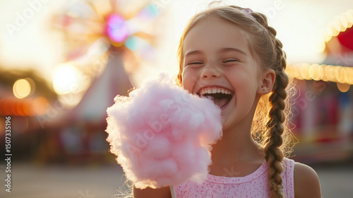 Young girl smiling while enjoying cotton candy at the carnival  