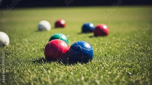 Bocce Balls Scattered on a Green Lawn