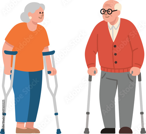 Illustration of elderly couple with crutches and walking cane, senior care, mobility aid, aging lifestyle, elderly support concept.