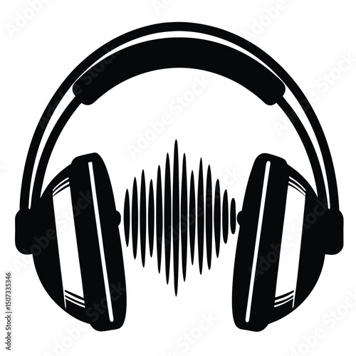Black and White Headphones Vector Illustration with Soundwave Graphic, Audio Music Icon, Modern Sound Technology Design
