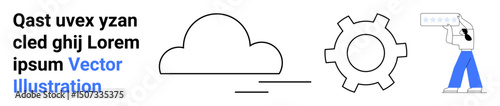 Cloud with motion lines, gear shape, and person holding data chart. Ideal for technology, analysis, innovation, cloud storage, IT processes, digital tools simple landing page