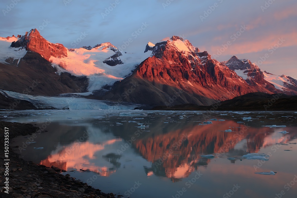 Naklejka premium Majestic mountain sunset over glacier lake landscape 