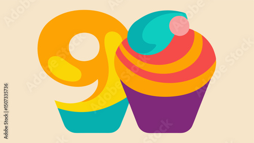 E A large E shaped like a colorful cupcake topped with frosting that transforms into a fun 90% off swirl.
