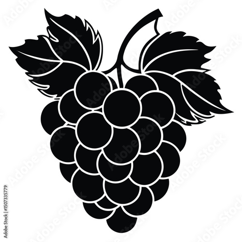 Black and white graphic vector illustration of a bunch of grapes with leaves.