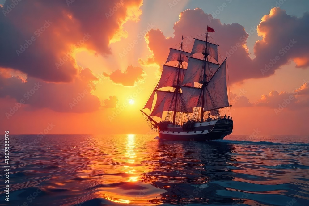 Fototapeta premium A majestic Victoria-era ship sails freely on a calm ocean under a vibrant sunset, symbolizing liberty and adventure The image evokes themes of exploration and the pursuit of freedom , escape, ocean