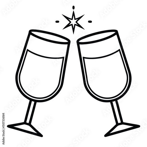 Two champagne glasses clinking toast celebration outline vector festive design illustration.
