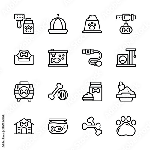 Collection of 16 pet care icons in a 4x4 grid format outlined in black