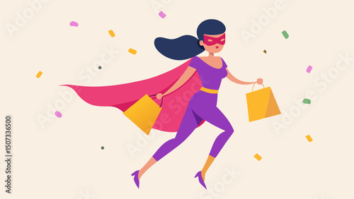 Discount Diva A stylish superheroine with oversized sunglasses and a glittery cape gracefully gliding through a shoppers paradise while shoppers with confetti of low prices.