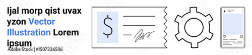 Dollar-signed receipt with signature, stylized gear, and mobile device screen layout. Ideal for finance, technology, app design, digital payment, online tools, fintech simple landing page