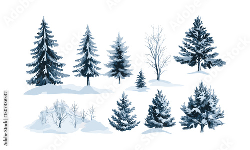 Snow forest scene with frozen highland fir tree silhouettes, icy evergreen vector illustration, sharp tip forest, cold mountain trees, frosted wilderness, winter landscape clipart.