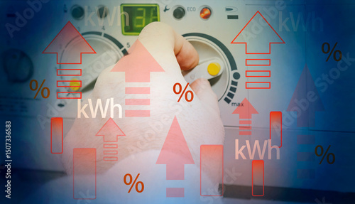 Gas price increase concept with kWh symbols, red arrows and hand adjusting thermostat