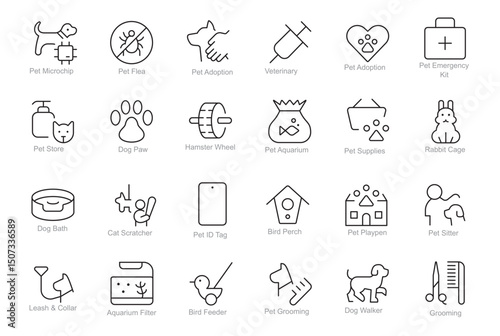 Collection of 24 blackandwhite line icons representing various petrelated themes and services