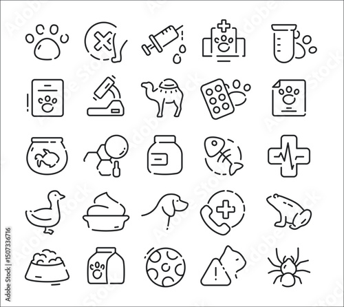 Collection of 25 blackline pet icons arrayed in five rows and five columns