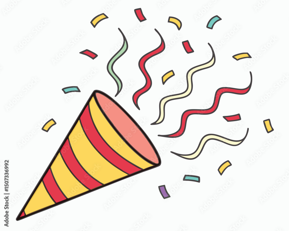Fototapeta premium Stripped party popper exploding with confetti streamers for celebrations and special occasions.