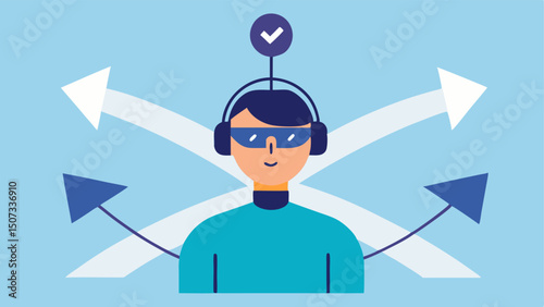 Path to Focus An illustration of a biohacker standing at a crossroads wearing a headset with arrows pointing towards Focus and Relaxation symbolizing choice and mental clarity.