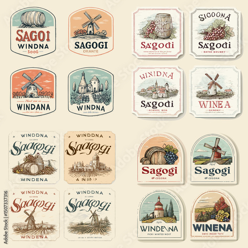 Wine Label Collection: A diverse selection of vintage wine labels, each intricately designed with detailed illustrations of vineyards, barrels, windmills, and grapes.