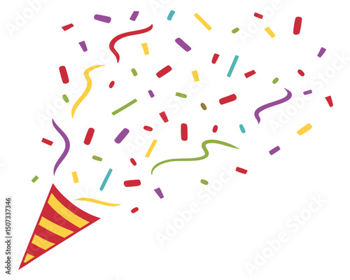 Colorful confetti exploding from party popper celebratory festive design illustration on white.