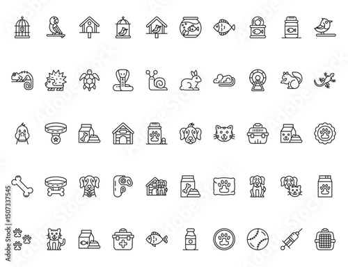 Grid with 42 petrelated linear icons featuring various animals supplies and care items arranged neatly