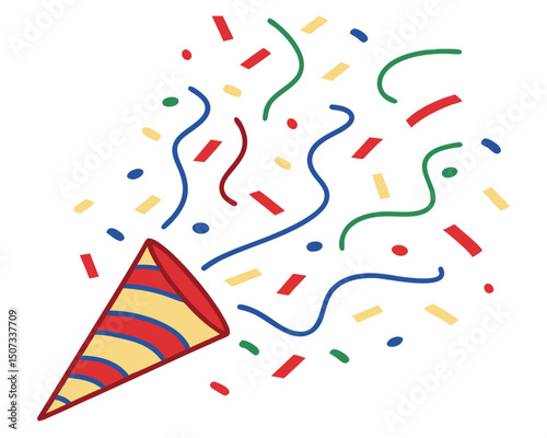 Party popper illustration exploding with colorful confetti and streamers festive celebration image.