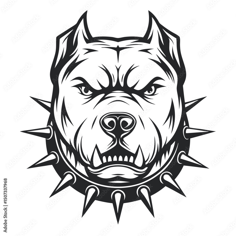 Obraz premium Monochrome vector illustration of an aggressive dog head wearing a spiked collar against a white background. 