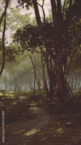 A winding path leads through a dense forest filled with tall trees. Soft light filters through the leaves, creating an enchanting atmosphere in the early morning.