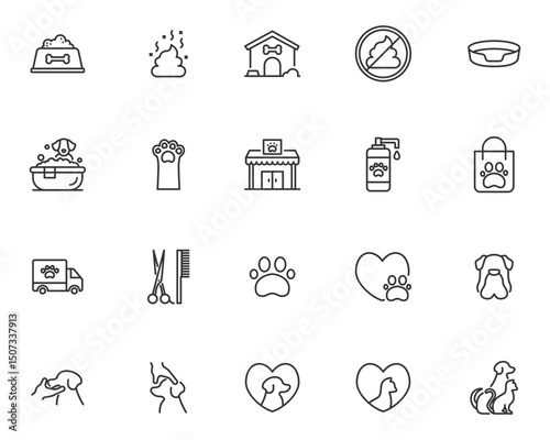 Icons of dogrelated items including food grooming and care products arranged in a grid