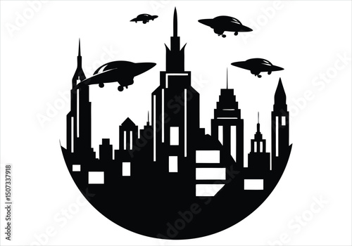 futuristic city with flying cars silhouette  