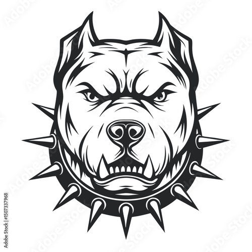 Monochrome vector illustration of an aggressive dog head wearing a spiked collar against a white background.                                          
