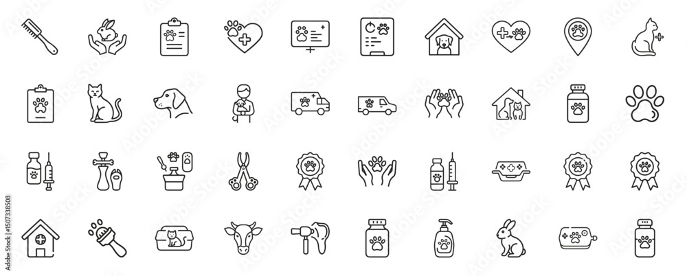 Line art icons feature veterinary care including animals medical tools and related symbols Line art icons feature veterinary care including animals medical tools and related symbols