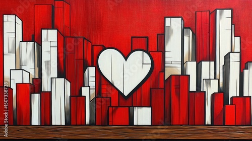 A colorful artistic rendering of an urban city landscape featuring a heart