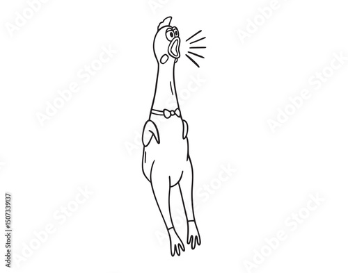 Funny screaming rubber chicken toy, squawking chicken icon doodle hand drawn. Outline line drawing clipart symbol