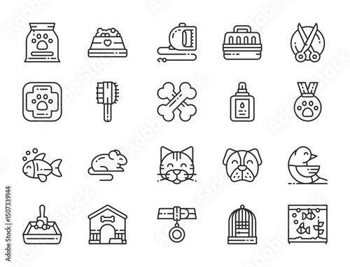 Monochrome petrelated outline icons arranged in a grid